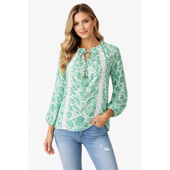 House of Harlow 1960 Tops - Hope & Harlow Womens L Green Floral Boho Peasant Top Tie Neck Spring Vacation